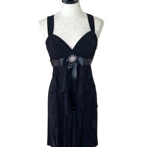 Cache Womens Ruffle Dress Black Size 6 Chiffon Long Ribbon Rhinestone Brooch Bow